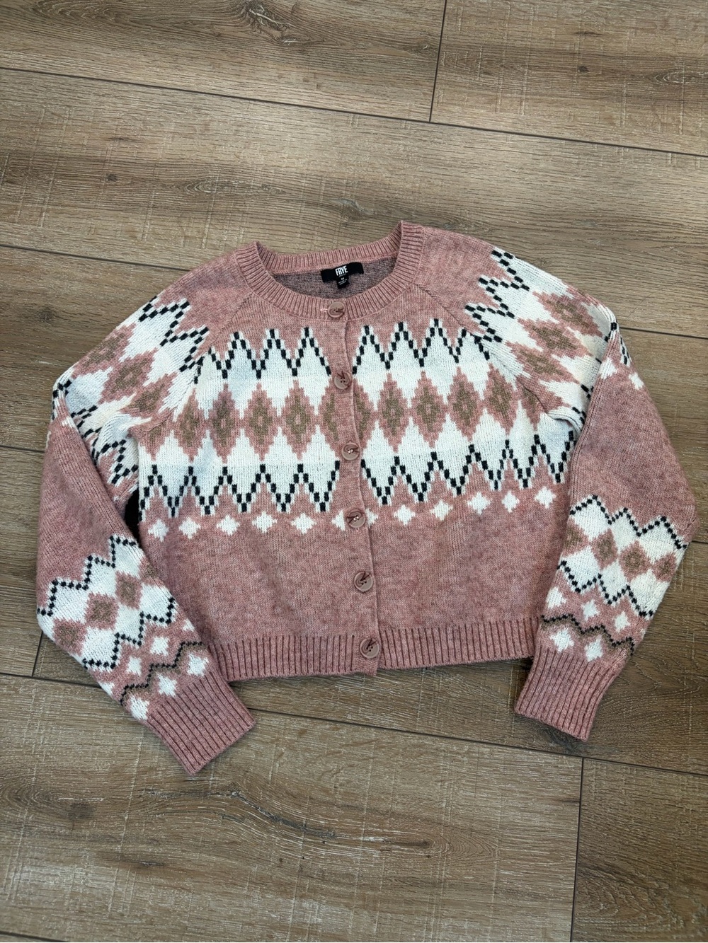 FRYE Nordic Fair Isle Cardigan M Mauve Pink Cream Button Sweater